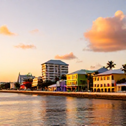 Caribbean Holidays, October City Breaks, Vibrant Caribbean city waterfront at sunset in October, with colourful buildings, palm trees and warm evening light