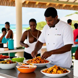Caribbean Holidays, October Cooking Holidays, Friendly Caribbean chef teaching visitors how to prepare a colourful local dish in an open-air kitchen, realistic holiday photography