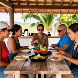 Caribbean Holidays, October Cooking Holidays, Friendly outdoor Cura&ccedil;ao cooking class with visitors preparing Caribbean food around a rustic table beside a sunny island kitchen