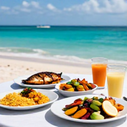Caribbean Holidays, October Cooking Holidays, Open-air Caribbean lunch table overlooking turquoise sea, dishes of grilled fish, rice, plantain and tropical salad, realistic travel photography