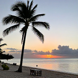 Caribbean Holidays, October Cooking Holidays, Quiet Caribbean beach at sunset in October with palm trees, calm sea and a small outdoor dining setting, realistic holiday photography