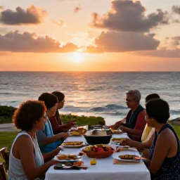 Caribbean Holidays, October Cooking Holidays, Relaxed Cura&ccedil;ao holiday scene with a small group sharing a freshly cooked meal outdoors near the sea at sunset