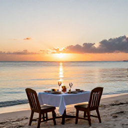 Caribbean Holidays, October Cooking Holidays, Sunset over a calm Caribbean beach in Tobago with a small table set for a local dinner