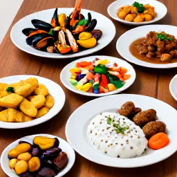 Caribbean Holidays, October Cooking Holidays, Traditional Cura&ccedil;ao dishes arranged on a wooden table, including keshi yena, seafood, plantain, funchi and colourful salads