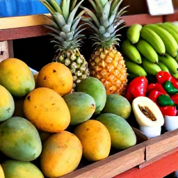 Caribbean Holidays, October Cooking Holidays, Trinidad market stall displaying ripe mangoes, pineapples, plantains, peppers and aromatic Caribbean spices