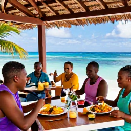 Caribbean Holidays, October Cooking Holidays, Visitors enjoying a freshly prepared Caribbean meal on a shaded terrace overlooking the sea in Tobago