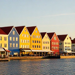 Caribbean Holidays, October Cooking Holidays, Willemstad waterfront in Cura&ccedil;ao at golden afternoon light, with colourful buildings, pedestrians and calm Caribbean water