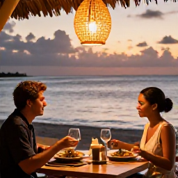 Caribbean Holidays, October Couples Holidays, A couple dining at an intimate waterfront restaurant in the Caribbean at sunset, local dishes and warm lantern light