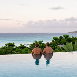 Caribbean Holidays, October Couples Holidays, A couple relaxing beside an infinity pool overlooking the Caribbean Sea in Saint Barth&eacute;lemy, with tropical greenery and soft afternoon light