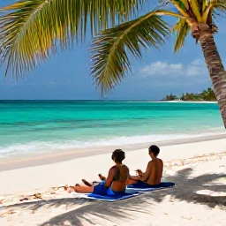 Caribbean Holidays, October Couples Holidays, A couple relaxing on a peaceful sandy beach in Tobago, turquoise water, gentle waves, shaded palm trees and bright tropical sunshine