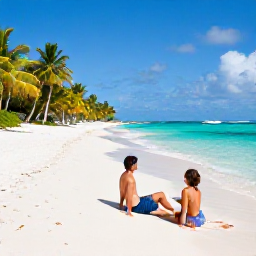 Caribbean Holidays, October Couples Holidays, A couple relaxing on a peaceful white-sand beach in the Grenadines, turquoise water, palm trees and a small boat offshore