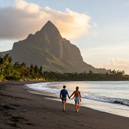 Caribbean Holidays, October Couples Holidays, A couple walking hand in hand along a quiet black-sand beach in Montserrat at sunset, Caribbean island scenery