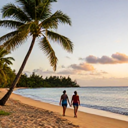 Caribbean Holidays, October Couples Holidays, A couple walking hand in hand along a quiet golden beach in Trinidad and Tobago at sunset, palm trees and calm Caribbean sea