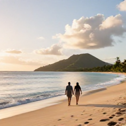 Caribbean Holidays, October Couples Holidays, A couple walking hand in hand along a quiet golden beach on Saint Kitts at sunset, calm Caribbean Sea and green hills in the distance