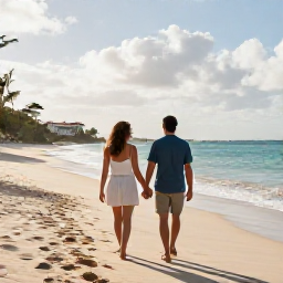 Caribbean Holidays, October Couples Holidays, A couple walking hand in hand along a quiet sandy beach in Saint Barth&eacute;lemy during a warm October afternoon