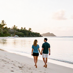 Caribbean Holidays, October Couples Holidays, A couple walking hand in hand along a quiet tropical beach in Saint Vincent and the Grenadines during October, calm sea and soft morning light