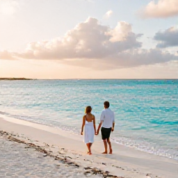 Caribbean Holidays, October Couples Holidays, A couple walking together along a quiet white-sand beach in Turks and Caicos at sunset, clear turquoise sea and soft October light