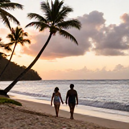 Caribbean Holidays, October Couples Holidays, A relaxed couple walking along a palm-fringed Saint Lucia beach at sunset in October
