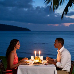 Caribbean Holidays, October Couples Holidays, A romantic open-air dinner for two beside the Caribbean Sea in Trinidad and Tobago, candles, local food and a twilight sky