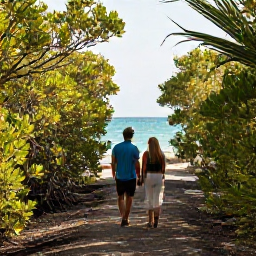Caribbean Holidays, October Couples Holidays, Couple exploring a quiet nature trail and mangrove coastline in Turks and Caicos during a warm October day
