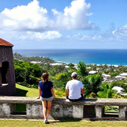 Caribbean Holidays, October Couples Holidays, Couple exploring historic Brimstone Hill Fortress on Saint Kitts with tropical landscape and blue sea beyond