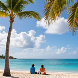 Caribbean Holidays, October Couples Holidays, Couple relaxing on a palm-fringed beach with turquoise water and soft clouds in Saint Martin