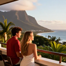 Caribbean Holidays, October Couples Holidays, Couple sitting on a balcony overlooking Montserrat's tropical landscape and Caribbean sea in warm October light