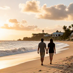 Caribbean Holidays, October Couples Holidays, Couple walking hand in hand along a quiet Caribbean beach in Saint Martin at sunset, warm October light