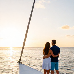 Caribbean Holidays, October Couples Holidays, Happy couple enjoying a sunset sail off the coast of Saint Kitts and Nevis, warm Caribbean light and calm water