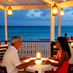 Caribbean Holidays, October Couples Holidays, Romantic couple dining at an outdoor beachfront restaurant in Turks and Caicos, lanterns, fresh seafood and evening sea views