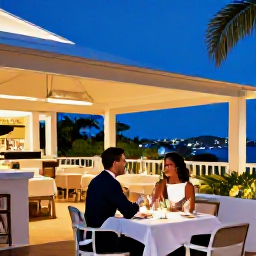 Caribbean Holidays, October Couples Holidays, Romantic dinner for two at a stylish open-air restaurant in Grand Case, Saint Martin, with Caribbean evening lights