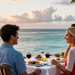 Caribbean Holidays, October Couples Holidays, Romantic open-air Caribbean restaurant table for two overlooking the sea on Saint Kitts, with local dishes and soft evening light