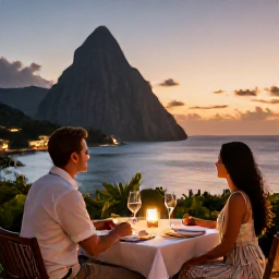 Caribbean Holidays, October Couples Holidays, Romantic open-air restaurant table for two overlooking the Caribbean Sea in Saint Lucia at dusk