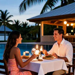 Caribbean Holidays, October Couples Holidays, Romantic outdoor dinner for two at a relaxed Montserrat restaurant, tropical evening atmosphere