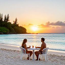 Caribbean Holidays, October Couples Holidays, Romantic sunset over the turquoise sea beside a secluded Saint Barth&eacute;lemy beach, with two glasses on a table