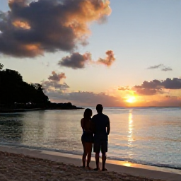 Caribbean Holidays, October Couples Holidays, Romantic tropical evening on a Saint Martin beach, couple watching the sunset beside calm Caribbean water