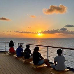 Caribbean Holidays, October Cruises, A relaxed Caribbean cruise deck at sunset, with travellers enjoying the warm October evening and calm sea