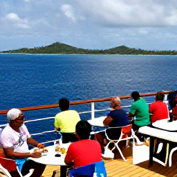 Caribbean Holidays, October Cruises, Friendly passengers enjoying an open-air cruise deck with tropical islands visible in the distance