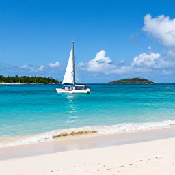 Caribbean Holidays, October Cruises, Turquoise sea, white sand beach and small sailing boats near Tortola in the British Virgin Islands