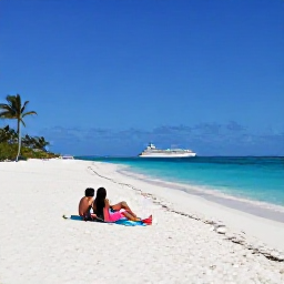 Caribbean Holidays, October Cruises, Visitors relaxing on a wide white-sand beach beside clear turquoise sea on Grand Turk, with palm trees and a cruise ship in the distance