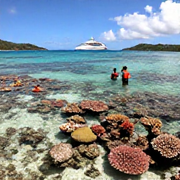 Caribbean Holidays, October Cruises, Visitors snorkelling over a colourful coral reef in clear shallow water off a British Virgin Islands beach