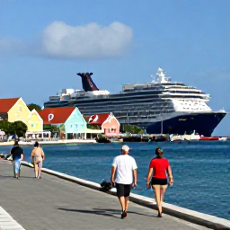 Caribbean Holidays, October Cruises, Visitors walking along a sunny harbourfront in Charlotte Amalie, St Thomas, with colourful buildings and a cruise ship in the bay