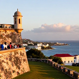 Caribbean Holidays, October Culture, Historic Fort Louis above Marigot at golden afternoon light, with visitors exploring stone walls and panoramic Caribbean views