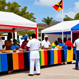 Caribbean Holidays, October Culture Holidays, Colourful October cultural celebration in Basseterre, Saint Kitts, with local people, music, flags and traditional food stalls