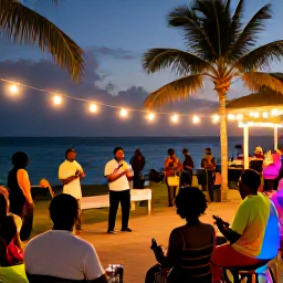 Caribbean Holidays, October Culture Holidays, Relaxed October evening beside the sea in Saint Kitts, with local music, warm lights, palm trees and a colourful Caribbean atmosphere