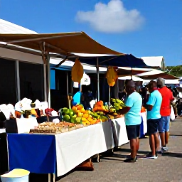 Caribbean Holidays, October Culture, Outdoor Caribbean market in Marigot, Saint-Martin, with stalls of tropical fruit, spices, handmade crafts and local shoppers