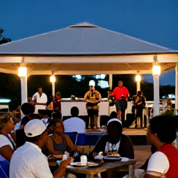 Caribbean Holidays, October Culture, Quiet October evening in Saint Barth&eacute;lemy with local live music, lantern-lit terrace, island residents and visitors sharing food in Gustavia