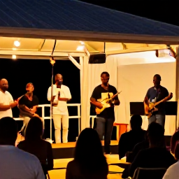 Caribbean Holidays, October Culture, Small Caribbean music venue in Sint Maarten with local band performing, relaxed audience and warm evening atmosphere