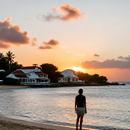 Caribbean Holidays, October Culture, Traveller enjoying a calm October cultural holiday on Saint Barth&eacute;lemy, combining a historic village walk, Caribbean beach and sunset over the sea