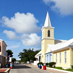 Caribbean Holidays, October Culture, Visitors exploring historic Cockburn Town on Grand Turk, with pastel buildings, a church and quiet streets beneath a bright Caribbean sky